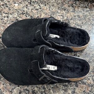 Birkenstock Boston Dark Suede Clogs with Plush Lining